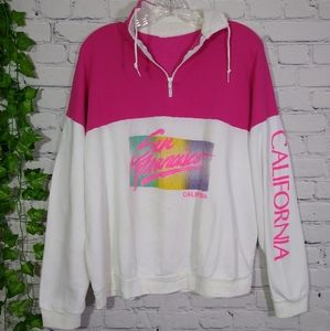 Two-Tone Pink and White Quarter-Zip Pullover Sweater - California Graphic